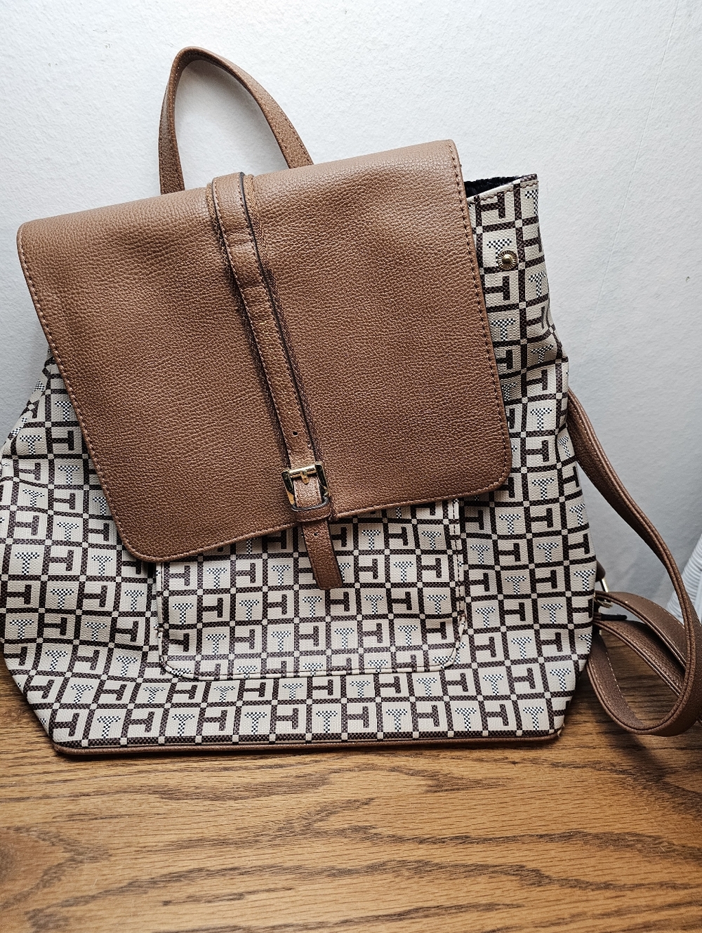 Tommy Hilfiger Brown Leather-Trim Monogram Canvas Backpack